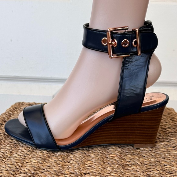 Ted Baker London Lernox Navy Wedges Ankle Straps Buckles Size 38.5 (US‎ 8) - Picture 1 of 13